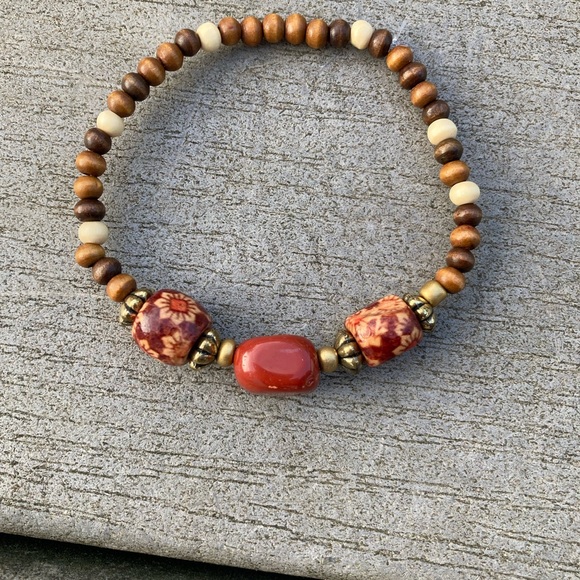 Handmade Wood Bead Bracelet With Red Jasper - Picture 3 of 3